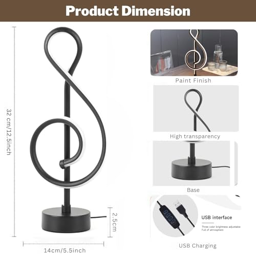 Image of One94Store Artistic LED Table Lamp - Modern Musical Note Night Light for Bedroom, Study Table & Living Room - Decorative Warm White Desk Lamp for Home & Office