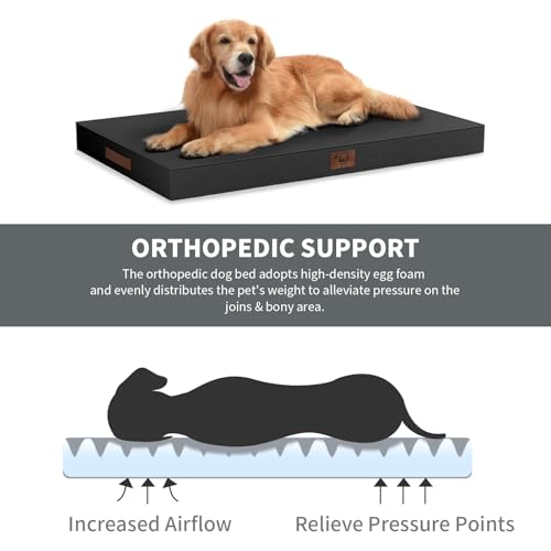 Image of Outdoor Extra Large Dog Crate Bed, Big Waterproof Dog Bed for Large Dogs, Orthopedic Egg Foam Pet Bed Mat with Removable Cooling Cover, Black