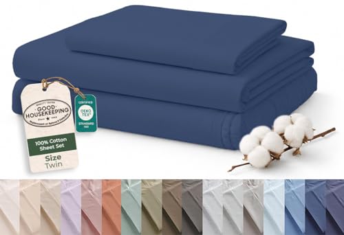 Image of ROYALE LINENS 100% Organic Cotton Twin Sheet Set - 16 inch Deep Pocket Bed Sheets - Eco Friendly Navy Bed Sheets - Sabanas Twin - 1 Flat, 1 Fitted & 1 Pillowcases - Navy Sheet Set - Cotton Bedding Sets