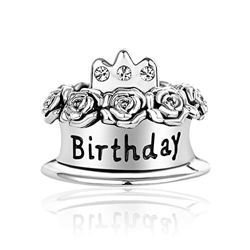 Image of Birthstones Happy Birthday Cake Charms Compatible with Pandora Charms Moments Bracelets Candle Crown Celebration Beads