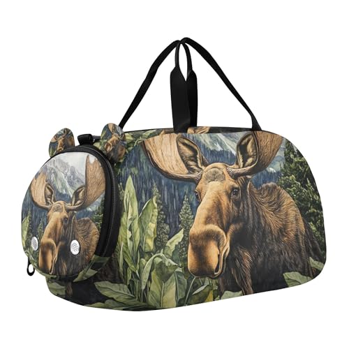 Glaphy Moose Forest Mountain Duffle Bag for Toddler Boys Girls, Gym Sports Bag with Shoe Compartments, Kids Travel Overnight Weekender Shoulder Bag