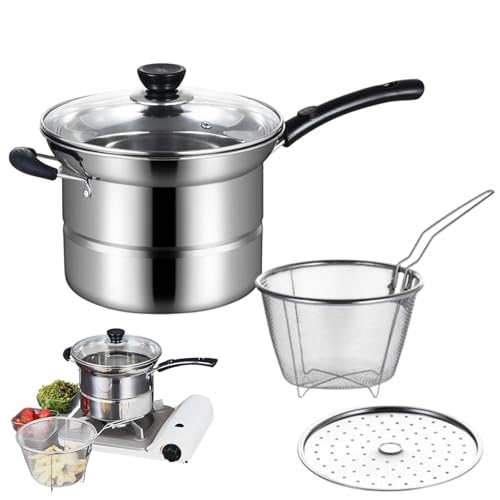 Olla freidora, olla multiusos de acero inoxidable con cesta coladora (8.6 x 5.9 pulgadas), herramienta de cocina ideal para papas fritas, mariscos, camarones, anillos de cebolla y más