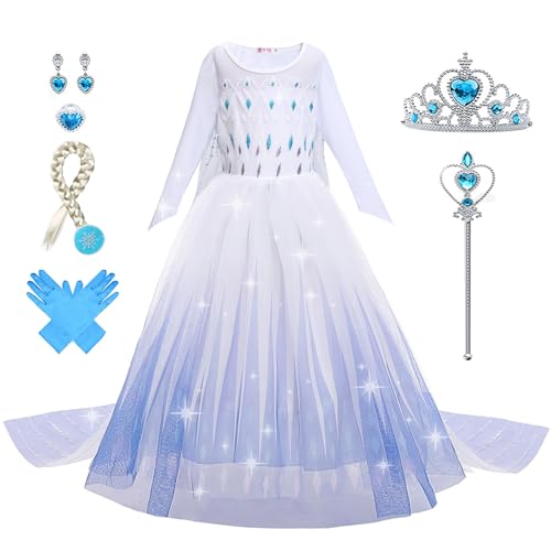 Vestir Elsa para meninas vestido de princesa congelado com conjunto de acessórios de coroa disfarce de fantasia para crianças Halloween cosplay casamento festa de neve