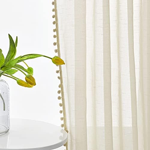 Pom-Pom Linen Sheer Curtain Panels for Nursery 54-inch Light Weight & Airy Pencil Pleat Voile Curtains Slub Textured Natural Farmhouse Semi-Transparent Window Drapes for Childrens Bedroom 52" w 1 Pair