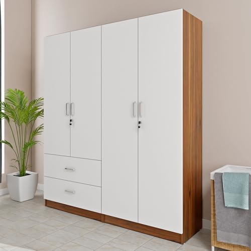 Image of VIKI Wardrobe | Wooden Almirah for 4 Door 2 Drawer with Shelves & 2 Hanging Space Wardrobe (Walnut |White - 40D x 160W x 180.8H) | 1 Year Warranty | Free Assembly