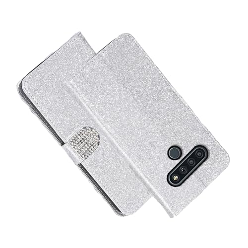 shingtomua for LG Stylo 6 Glitter Case Wallet Card Holder Kickstand Magnetic Soft Leather Flip Fold Case for LG K71 Cover (Silver)
