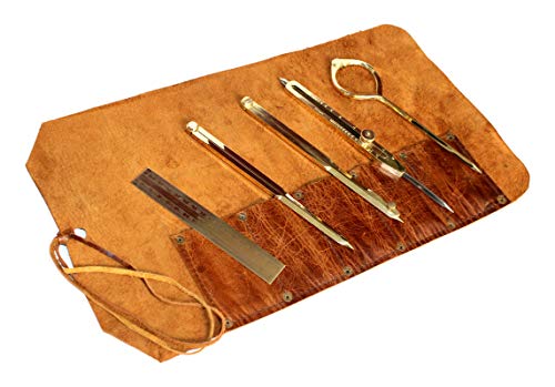 Proportional Divider Set of 5, Full Brass dividers with Executive Handmade Leather Roll Tools Bag, Single Handed 8