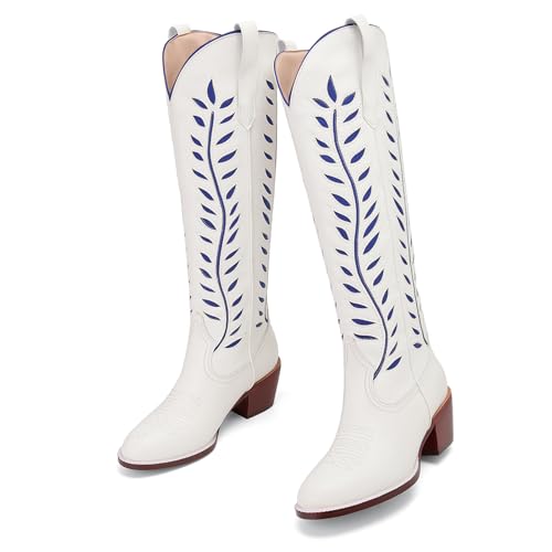 Yishaweiqi Embroidered Cowboy Boots for Women Almond Round Toe Chunky Heel Cowgirl Boots Pull On Knee High Western Boots with Contrast Foliage Inlay