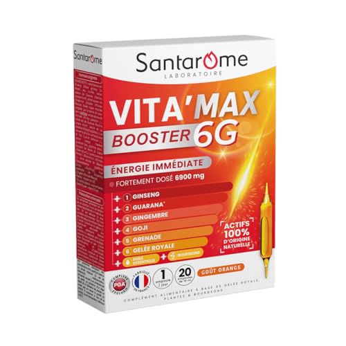 Santarome Vita'Max Booster 6G - Suplemento dietético antifatiga, energía inmediata - 6900 mg de activos, Ultra dosificado - Ginseng, Guarana, Jengibre, Goji, Granada, Jalea Real - 20 ampollas, Francia