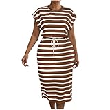 Women's Casual Short Sleeve Midi Dress Summer Casual Fashion Stripes Beach Dress Drawstring Waist Going Out Dresses