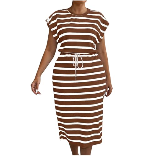 Women's Casual Short Sleeve Midi Dress Summer Casual Fashion Stripes Beach Dress Drawstring Waist Going Out Dresses
