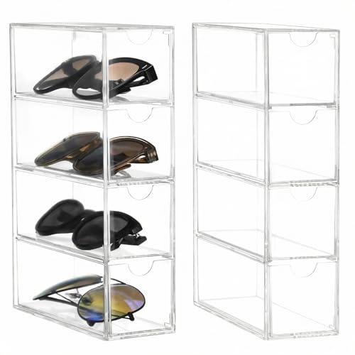 QWORK® Paquete de 2 cajas de almacenamiento para gafas, relojes, joyas - 17,5 x 24,6 x 6,5 cm - organizador acrílico multifuncional con 4 cajones