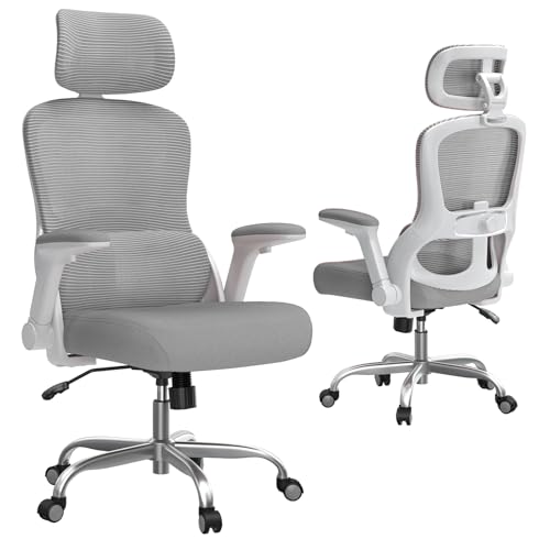 TRALT Bürostuhl Ergonomisch - Bürostuhl - Gaming Stuhl mit Verstellbare Kopfstütze Lordosenstütze Home Office Desk Chair - Schreibtischstuhl Computerstuhl für Große Menschen Mesh-Stuhl 150kg Grau
