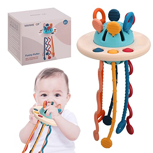 AUXSOUL Silikon Schnur Ziehen Sensorisches Spielzeug, Montessori Spielzeug für Baby, UFO Silikon Zugschnur Zahn Spielzeug Geschenke für Kinder Cover