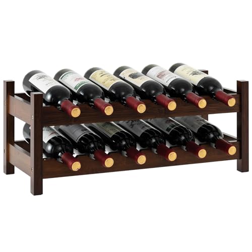 GOPLUS Botellero de 2 Niveles, Organizador de Vino para 12 Botellas, Soporte de Bambú para Botellas de Vino, Estante Pequeño Independiente para Cocina, Despensa, Bodega, Bar (Marrón)