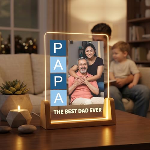 Image of Giftplease Rectangular Tabletop Acrylic LED Photo Frame for Papa | Personalized Wooden Night Lamp with Custom Picture | Fathers Day Dad Birthday Family Memory Decor Light for Bedroom Office Desk