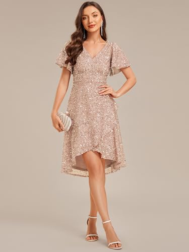 Ever-Pretty Women's V-Neck Short Sleeves A Line Empire Waist Sequin High-Low Evening Dresses 024014