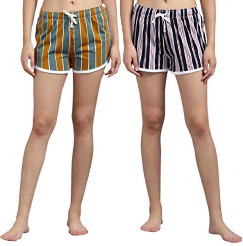 Image of KOTTY Pure Cotton Yellow and Purple Striped Women Night Short - Pack of 2 (Yellow&Purple)