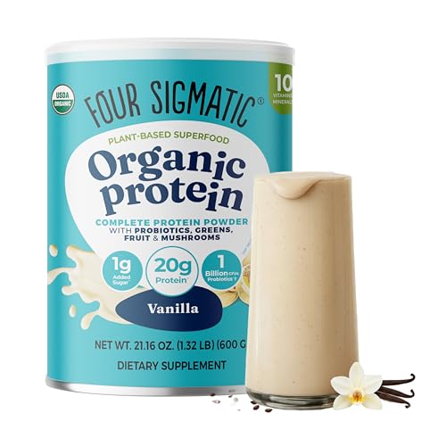 Four Sigmatic Organic Vegan Protein Powder | 18g Plant-Based Protein per Serving | Gluten Free Dairy Free Soy Free Non-GMO with No Filler Ingredients | 21.16oz 15 Servings | Vanilla