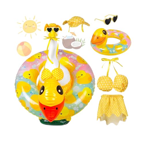 OBUSATT Summer Porch Goose Outfits Yellow Bikini Hawaiian Geese Costume Set Goose Hat Sunglasses and Yellow Duck Swimming Ring Fit for 23" Lawn Decor Outdoor Garden Yard Patio Statue Summer Decoration