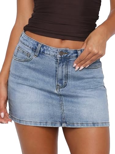 Lista de Mezclilla Azul Top 5. 48 ELLEVEN - Minifalda elástica para mujer, falda de mezclilla de cintura baja con bolsillos, Azul mezclilla, X-Small