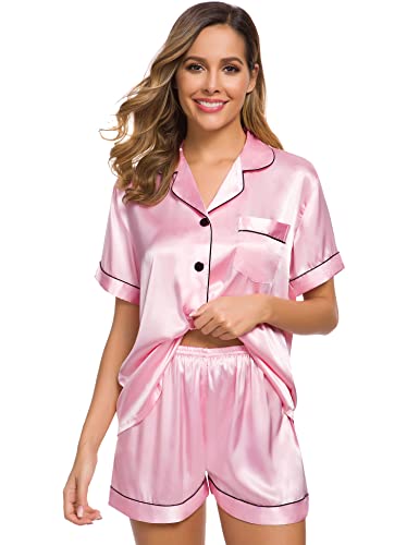 Image of SWOMOG Womens Silk Satin Pajamas Set Two-piece Pj Sets Sleepwear Loungewear Button-Down Pj Sets Rose Pink