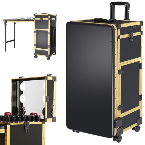 Vantic Rolling Portable Manicure Table with 3 Drawers, Rolling Manicure Table Case with LED Mirror and Bluetooth Speaker, Foldable Nail Desk with Telescopic Handle on Wheels, Black-Gold
