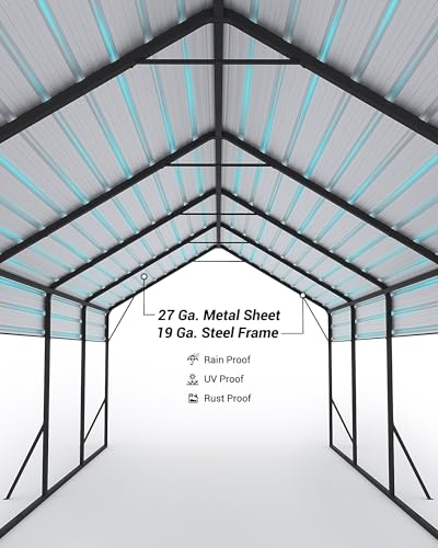Image of Garveelife 13 ft x26 ft x11 ft Oversized Metal Carport, Steel Heavy Duty Carport for All-Weather, Permanent Shelter for Boats, Pickup Trucks, and Tractors, N.W. 780 LBS