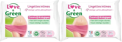 Love & Green Lingettes Intimes APAISANTES écologiques - Paquet de 20 Lingettes - Certifiée Cosmo Natural par ECOCERT et FSC (Lot de 2)