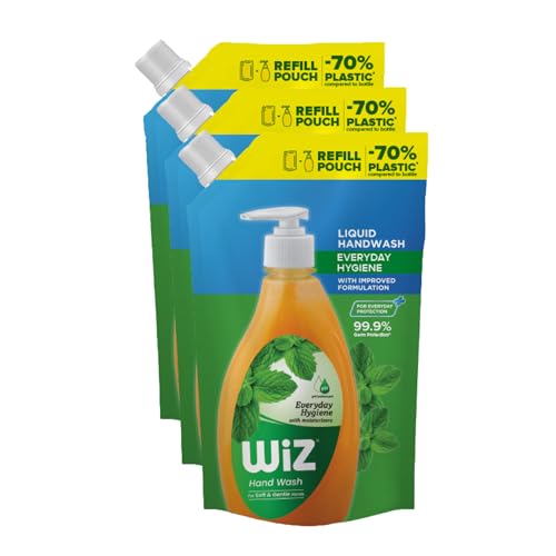 Image of Wiz Liquid Hand Wash Refill Pouch - 1L (Pack of 3) | Everyday Hygiene | 70% Less Plastic | pH Balanced for Soft & Gentle Hands | Germ Protection | Moisturizing Formula