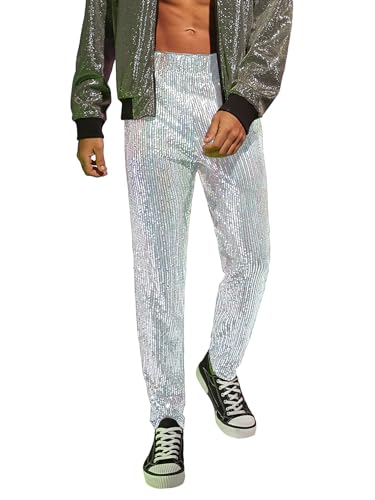 WDIRARA Men's Contrast Sequin Carrot Pants Elastic Waist Skinny Straight Leg Pants