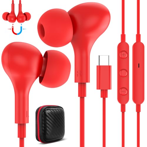 Auriculares USB C para Galaxy A55 A35 A16 5G Samsung A54 A34 A33 A53,Magnéticos Tipo C Audifonos con Cable Micrófono Control de Volumen,Auricular USB C para iPhone 16e 15 Pixel 9 8a Mi 14 13 iPad,Rojo
