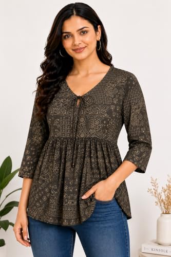 Image of ATTEM Women's Pure Cotton Printed Top | Casual Western Tunic for Women | 3 /4 Sleeve V-Neck Tie-Up Regular Fit Top | Office Wear