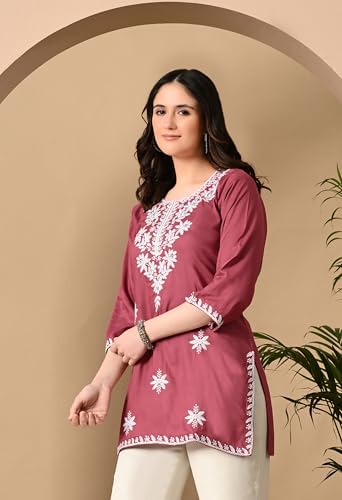 Image of LIBOZA Women's Chikankari Embroidered Short Kurti, Rayon Fabric, Three-Quarter Sleeves, Available in Pink, Black, Mustard Yellow, White, Pista and Green