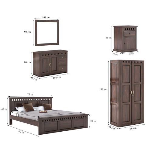 Image of SONA ART & CRAFTS Kuber Solid Sheesham Wood Bedroom Set | King Size Bed Without Storage, Wardrobe, Chest of Drawer & Two Bedside Tables - Walnut Finish (Assembly Included)