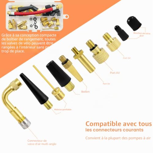 Klerbesh 32 Pièces Embout Pompe Vélo, Adaptateur Valve Presta vers Schrader DV SV AV, Kit de Gonflage Universel pour Compresseur et Voiture, avec Aiguille Ballon et Boîte de Rangement (32 Pcs) – vue 6