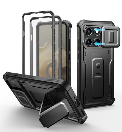 Dexnor for Motorola Moto Edge 2025 Case, [2 Front Frame] [Built-in Magnetic Slide Camera Cover & Kickstand] Heavy Duty Protection Shockproof Phone Case with Screen Protector, 6.7 inch Black