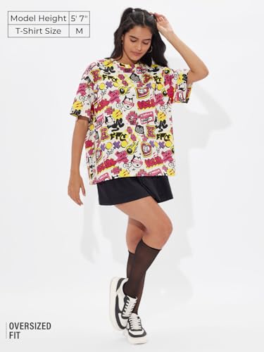 Image of The Souled Store Official Felix The Cat: Graffiti Women and Girls Short Sleeves Round Neck Multicolor All Over Printed Cotton Oversized T-Shirts