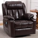 Ketaiyou Rocker Swivel Recliner Chair for Adults, Overstuffed Large Manual Recliner Glider with Massage and Heat, Comfy Soft Leather Living Room Reclining Sofa Chair (Brown Leather)