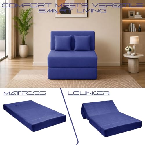 Image of Los Angeles Foldable One Seater Sofa Cum Bed, Sofa Bed 3 X 6 Feet Jute Fabric Washable Cover- Including Two Cushion Perfect for Living Room & Office - Blue Color