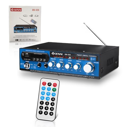 Amplificador de Áudio 2.0 Canais, Karaokê com Bluetooth, FM, USB/SD, Entrada para 2 Microfones, Controle de Echo, Graves e Agudos, 220V