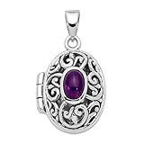 JewelryWeb 925 Sterling Silver Oxidized Polished back Amethyst Locket 26x16mm Wide-Locket Necklace for Women