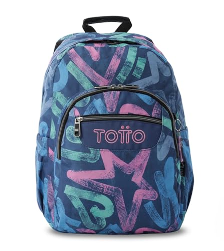 TOTTO - Mochila Escolar Adaptable a Carro, Modelo Acuareles Glitter, Capacidad 20L, Bolsillo para Pc 14', 2 Bolsillo Botella, Espaldar Ergonómico con Flujo de Aire, Correas en S, Estampado Roomin Azul