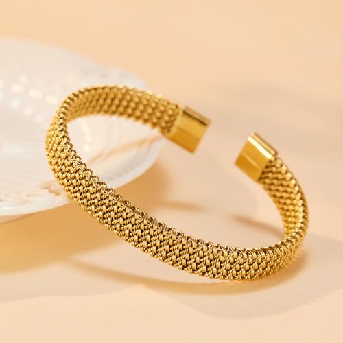 Fashion Stainless Steel Braided Irregularly Mesh Open Cuff Bracelet3
