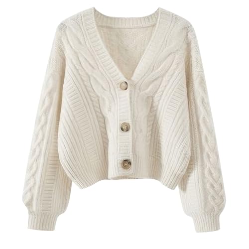 ebossy Women's Lantern Sleeve Twisted Solid Sweater Coat Button Front Cable Knit Crop Cardigan Outwear