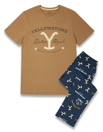 Y Yellowstone Mens Pyjama Set | Adults Dutton Ranch Tan Short Sleeve Graphic Tee & Navy All Over