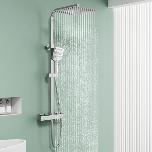 AICA Ensemble de Colonne de Douche Thermostatique pour Salle de Bain, avec pommeau de douche 30x30 cm,Robinet de Douche Thermostatique, Laiton, Chromé, Hauteur Réglable 725 mm-1175 mm (Carré 1)