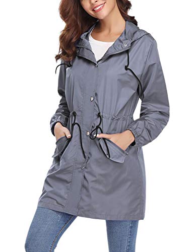 Aibrou Women Light Rain Jacket Waterproof Plus Size Outdoor Trench Raincoat with Hood Lightweight Gray Medium - Thumbnail 2