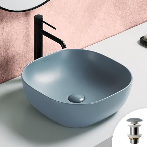 ALTANE Vasque à Poser Carrée 41 x 41cm en Céramique Bleu Cendré Mat + Bonde Pop-up Incluse