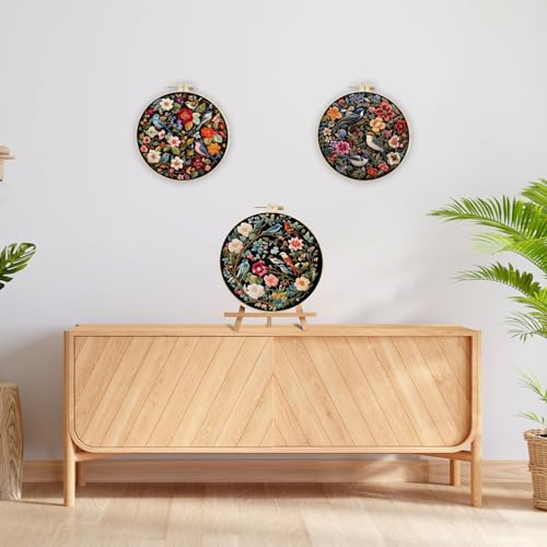 Image of LB Red Floral Embroidery Kit for Beginners Adults, 3 Sets Hand Embroidery Starter Kit with Cute Bird Pattern and Instructions Stamped Cross Stitch Kits Include Embroidery Hoop Needles Threads Scissors